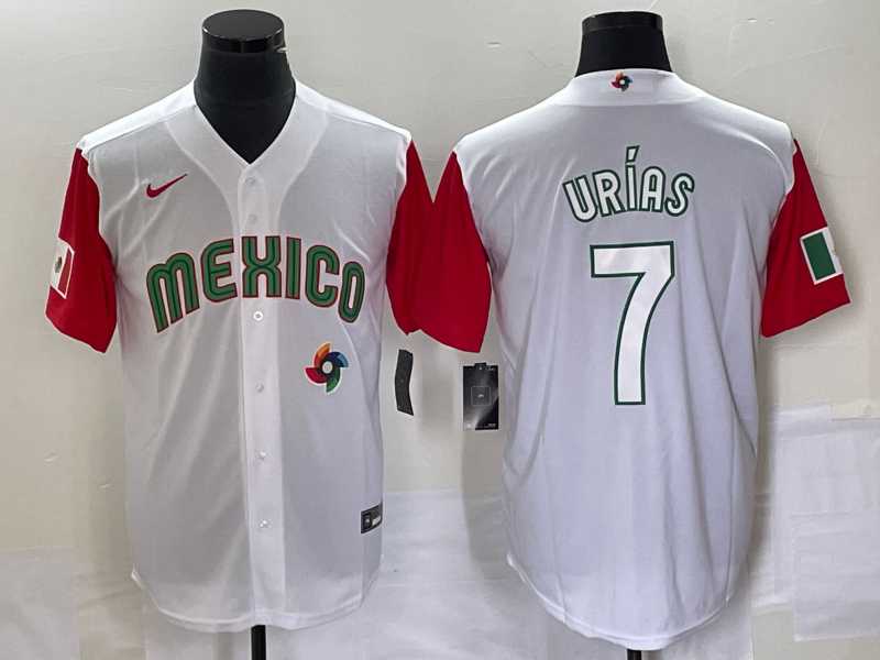 Men's Mexico Baseball #7 Julio Urias Number 2023 White Red World Classic Stitched Jersey 39